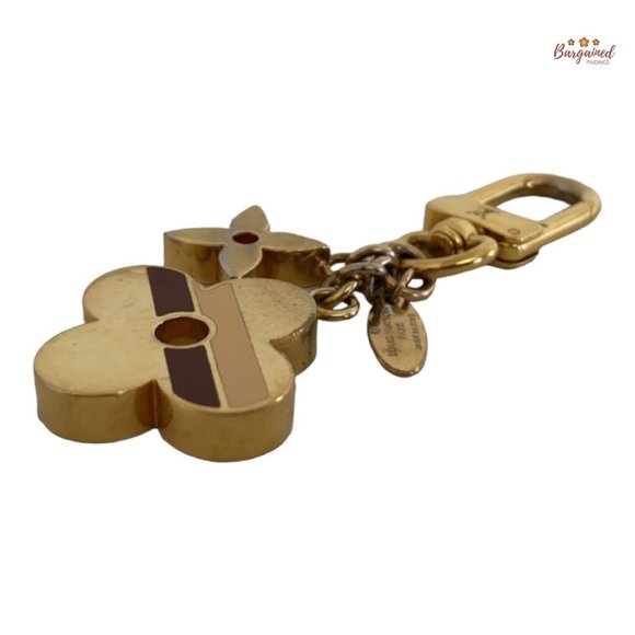 Authentic LOUIS VUITTON Gold Stripes Monogram Flowers Keyring Bag Charm M78610 - Picture 8 of 12